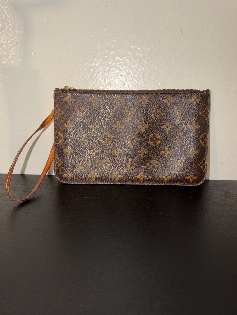 Louis Vuitton Tan Leather Logo Patch with Striped Beige Lining
